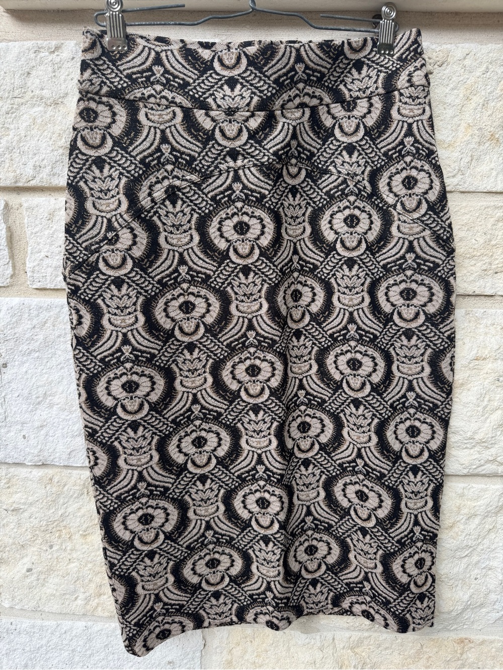 Diane Von Furstenberg Marta Black and Beige Floral Jacquard Pencil Skirt